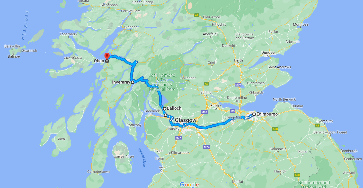 Itinerario on the road in Scozia da Edimburgo a Oban